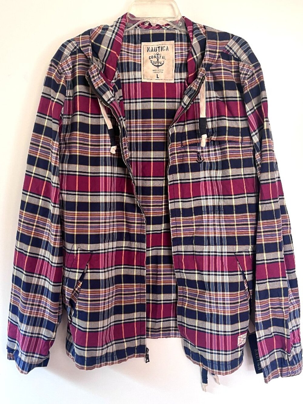 Vintage Nautical Coastal Supply Hooded Zip Up Jacket-Red/Blue Plaid Stripe-Men L